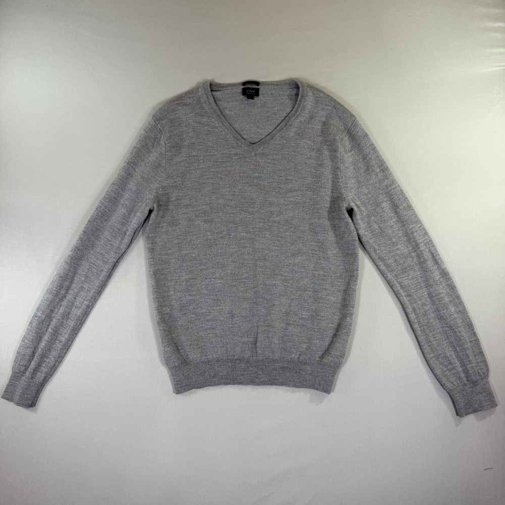 JCrew Merino Wool V-Neck Sweater Gray Slim Fit Large Preppy Academia Old Money